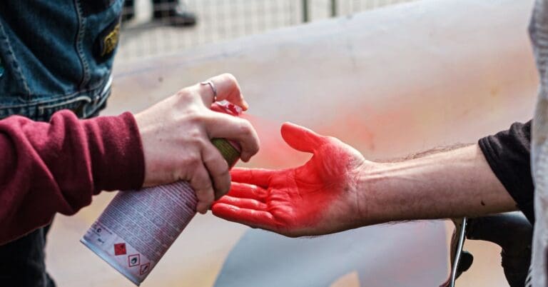 person in red long sleeve shirt holding white and blue card. spray paint is often used by the outlaw to register protest