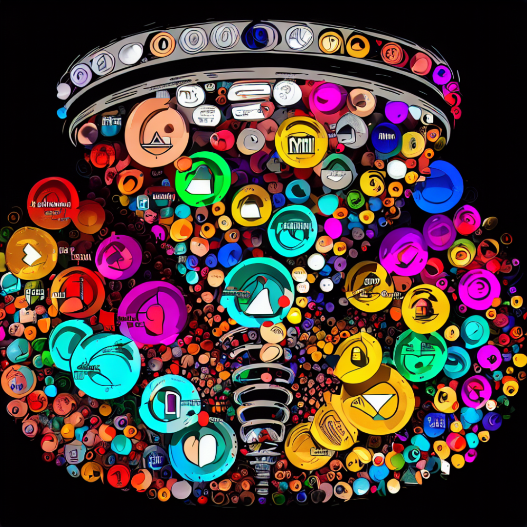 A collage of colorful circles and buttons on a black background