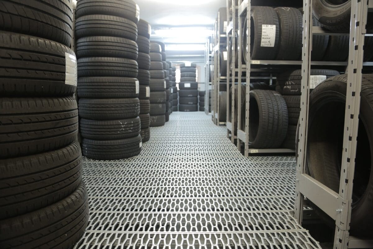 a warehouse with multiple tyres