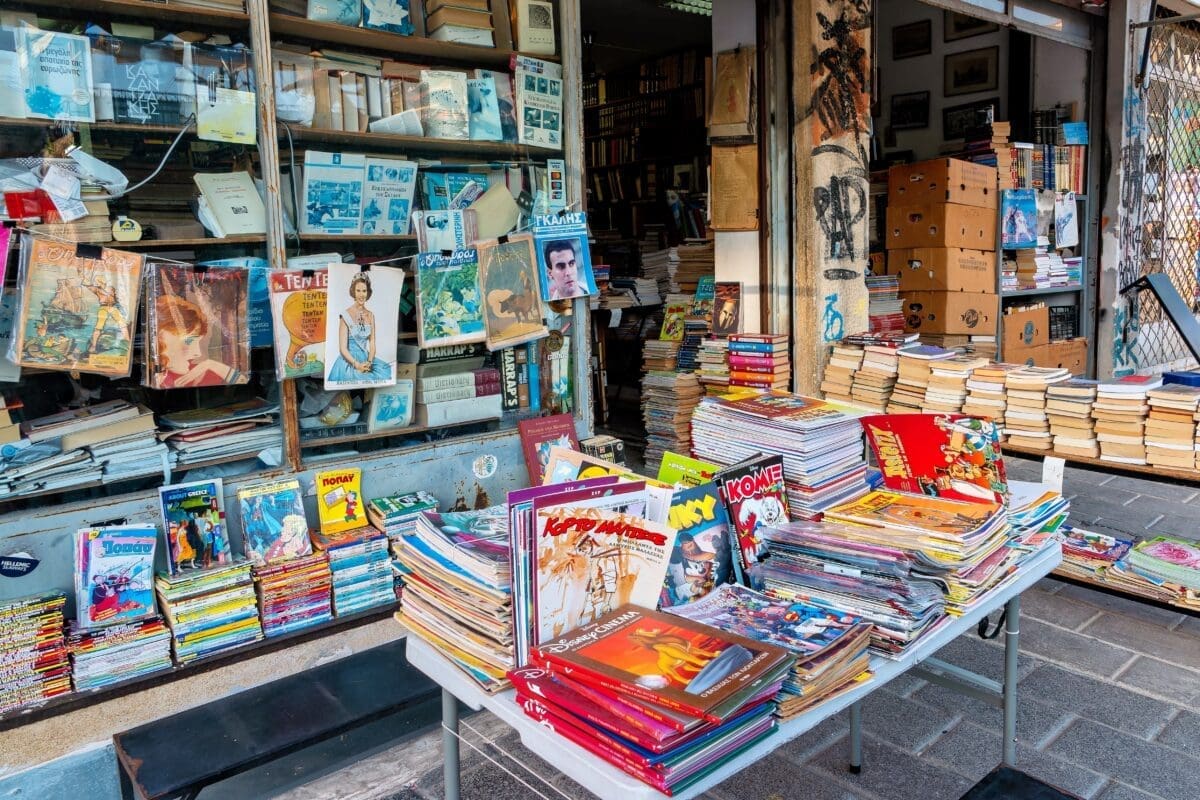 An small, cluttered store selling books and magazines, a favourite haunt for the sage