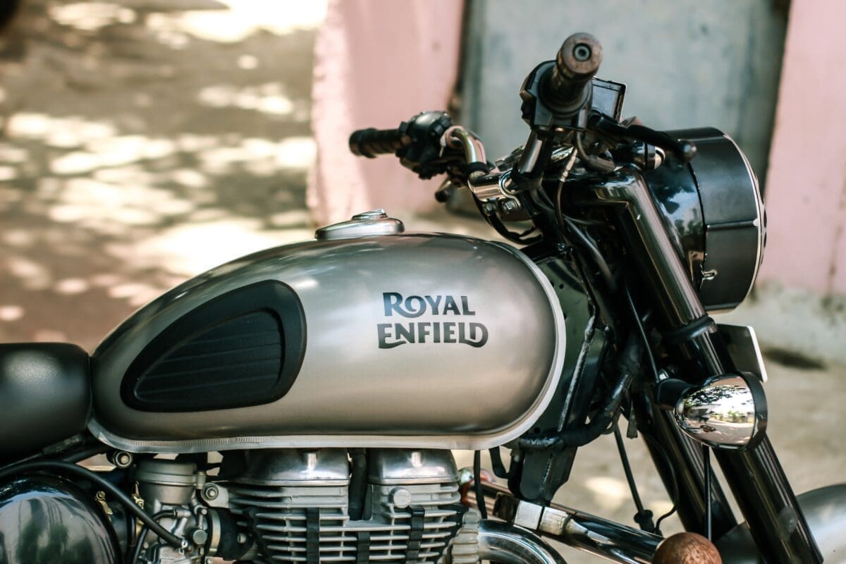 An image of the front of a Royal Enfield bike, an explorer brand product
