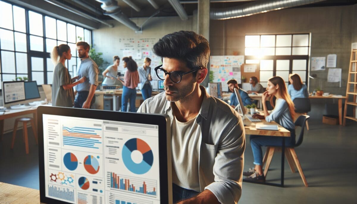 A small business owner looking at a computer screen displaying marketing analytics and automation tools, with a background showing a bustling small office environment.