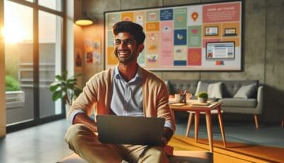 A small business owner smiling while using a laptop with colorful, personalized marketing content visible on the screen, set in a modern office space with warm lighting.