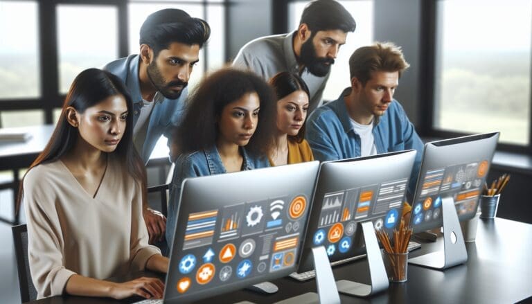 A diverse team of marketers in a modern office setting, working on computers with marketing automation tools displayed on screens, surrounded by icons representing email, social media, and analytics