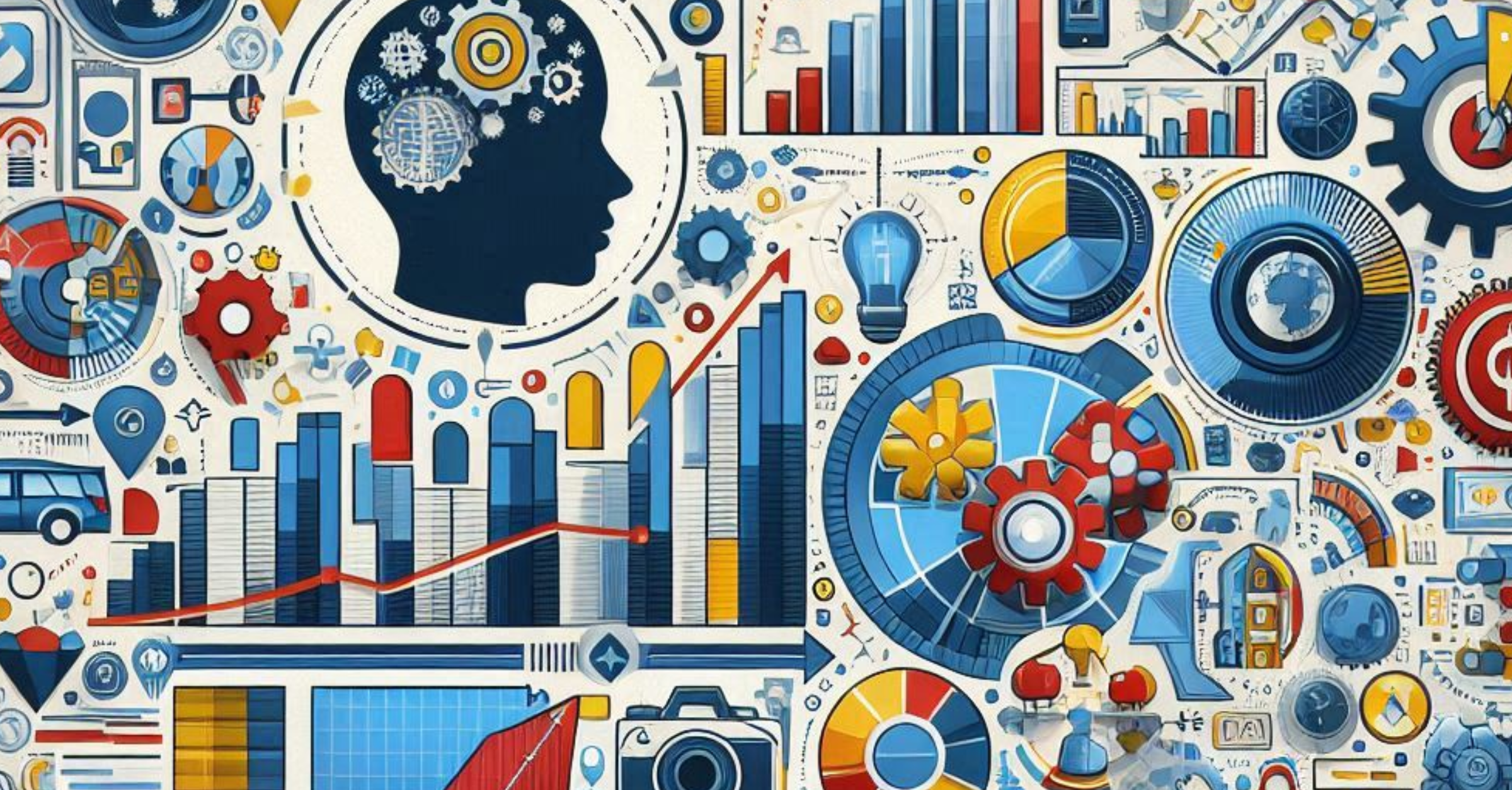 a background of graphs, technology icons and social media icons representing martech