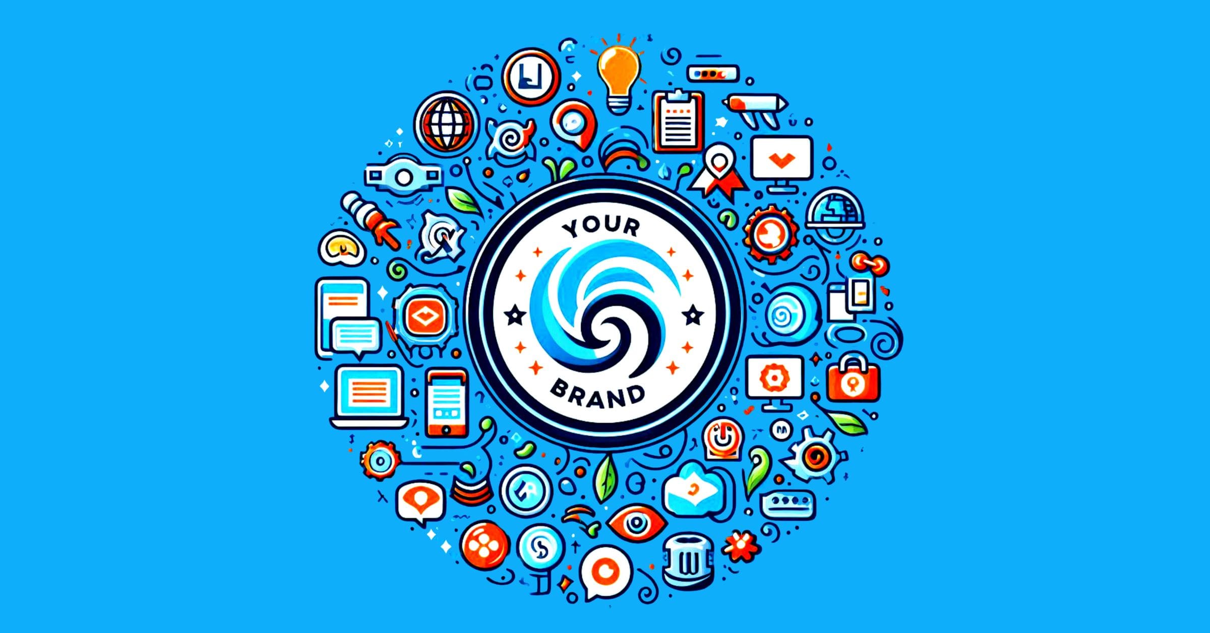 Logo for "YOUR BRAND" surrounded by icons representing social media platforms, PR, website optimization, and online reviews