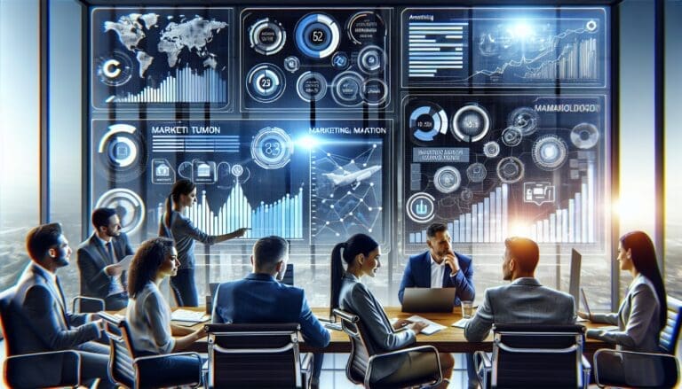 A sleek, modern dashboard displaying marketing automation metrics and workflow diagrams, with a small business team collaborating in the background