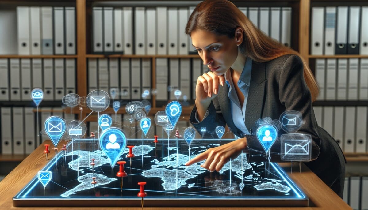 A businessperson carefully examining a digital map with legal landmarks and email icons, symbolizing the journey through cold email compliance