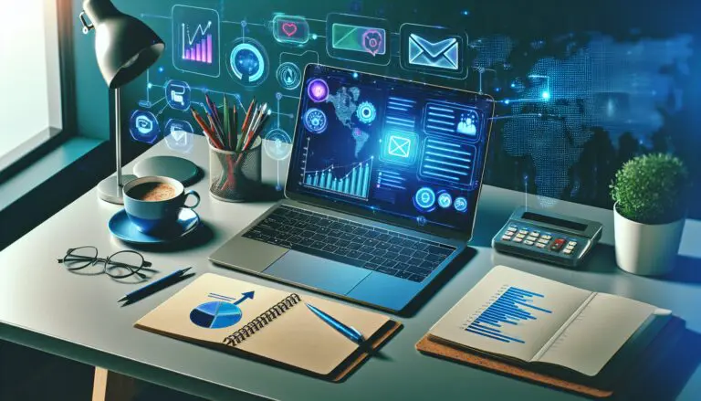 A modern office desk with a laptop displaying a personalized email template, surrounded by data charts and AI icons, symbolizing the evolution of cold emailing for SMBs in 2024