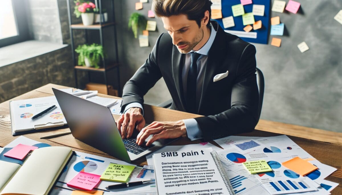 A business professional carefully crafting a personalized email on a laptop, with sticky notes and a notebook filled with research about SMB pain points visible on the desk